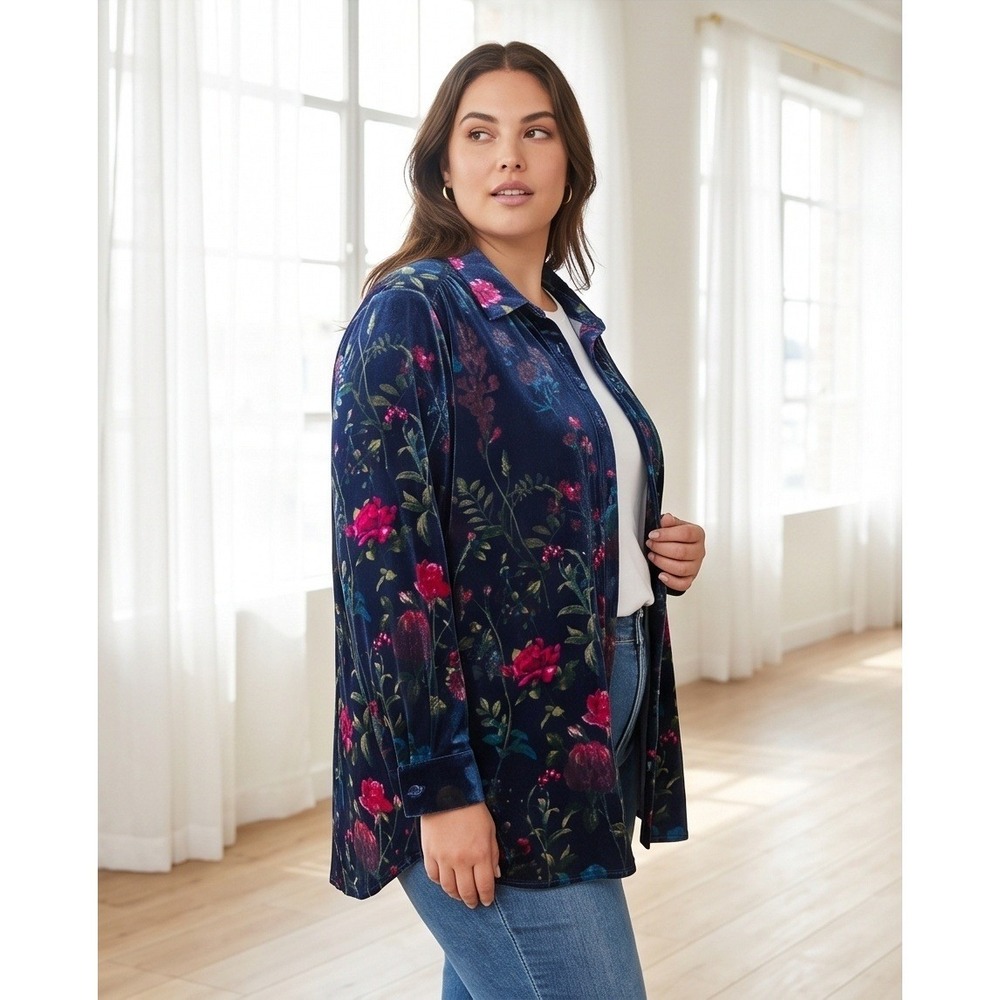 Belle by Kim Gravel XL Velour Shacket Navy Blue Floral Botanical Button Up NWOT